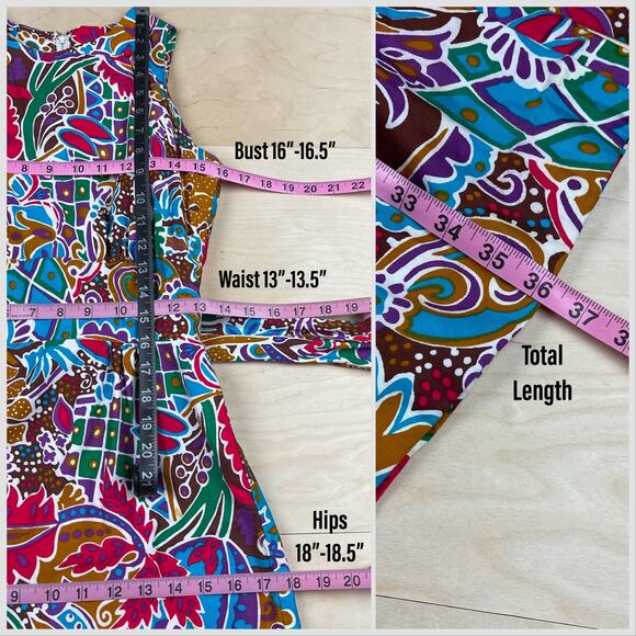 Vintage 1960s  Sleeveless Colorful Polished Cotton Minidress - Picture 8 of 9